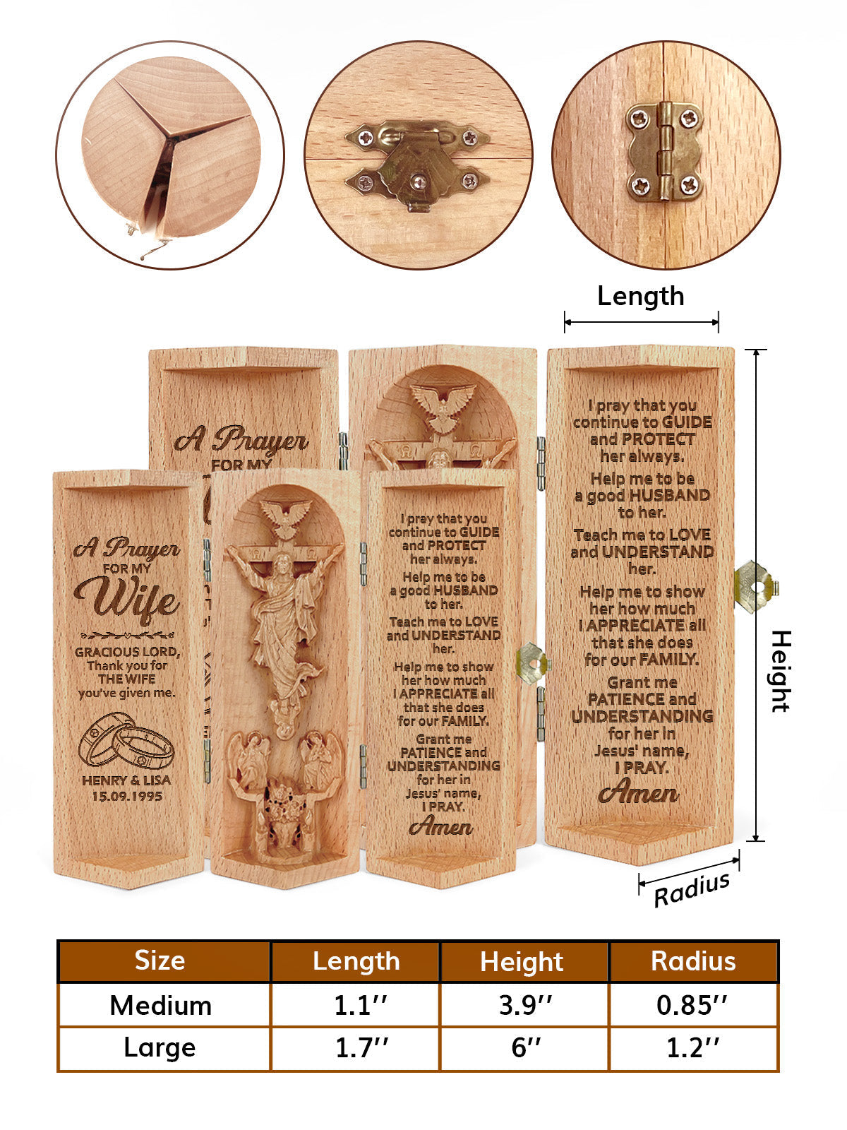 A Prayer For My Wife Personalized Openable Wooden Cylinder Sculpture of Jesus Christ, Christ Decor